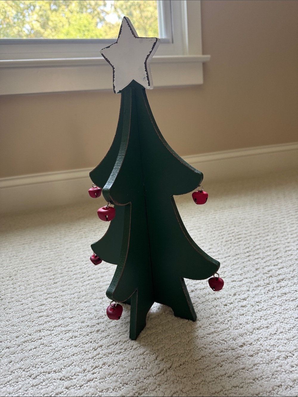 Green Wooden Tabletop Christmas Tree with Red Bell Accents - Home Holiday Decor
